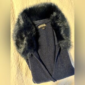 Banana Republic navy cardigan with faux fur collar